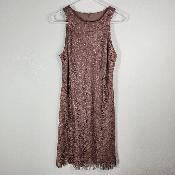 dressbarn Dresses & Skirts - Dressbarn Cocktail Dress Size 12 Champaign Sleeveless Sheath Dress Fringe